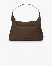 Borsa in pelle scamosciata vegana The Choco Hobo Mabash color cioccolato, vista posteriore con manico regolabile su sfondo bianco.