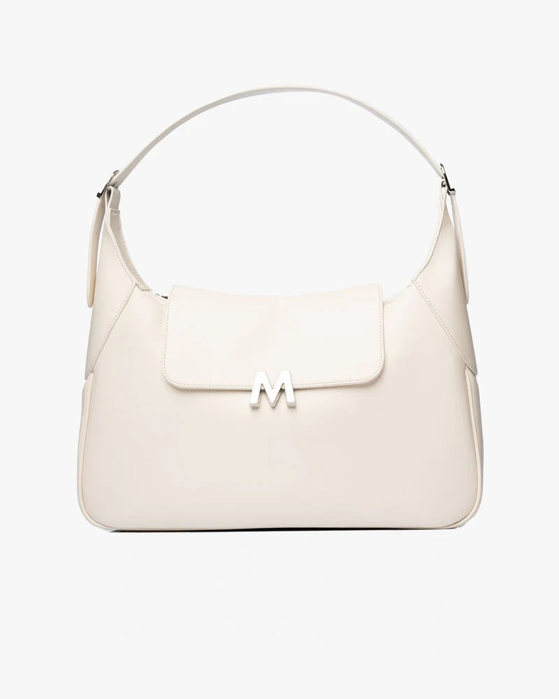 Borsa hobo pelle vegana color vaniglia The Vanilla Hobo Mabash con logo M argentato e manico regolabile.