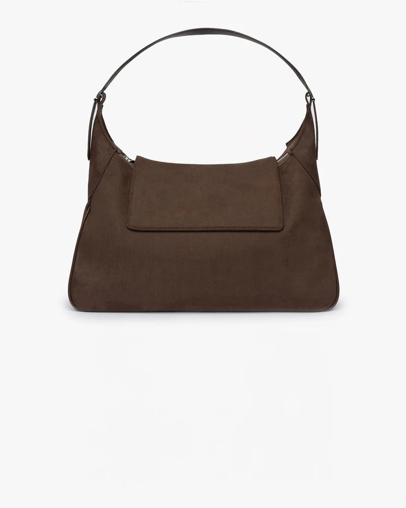 Borsa The Choco Hobo Mabash, una Borsa in pelle scamosciata vegana marrone con patta frontale e manico regolabile.