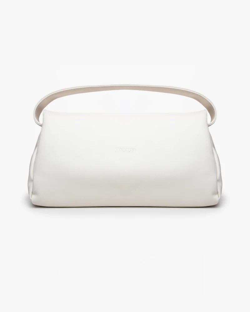 Borsa puffy Mabash The Vanilla Mega in pelle vegana color vaniglia con manico, mostrata frontalmente su sfondo bianco.