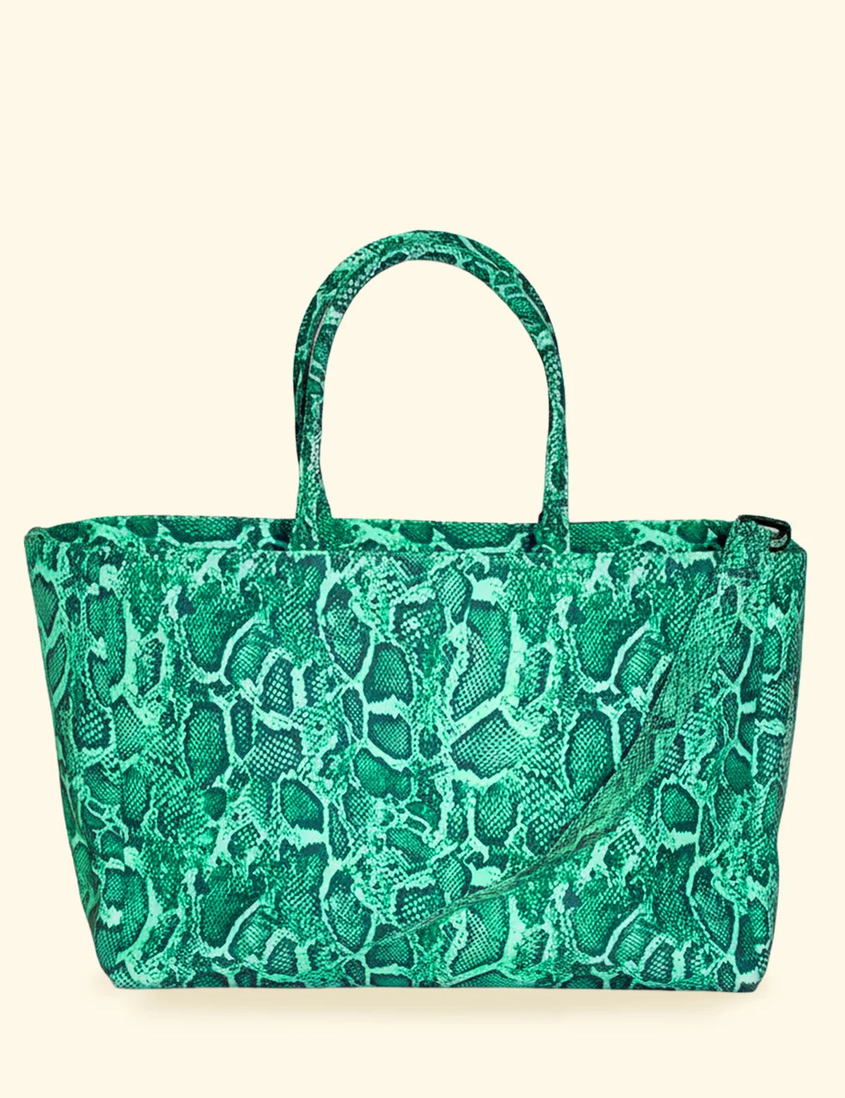 Borsa mare F**K verde con stampa pitonata, doppi manici e tracolla removibile.