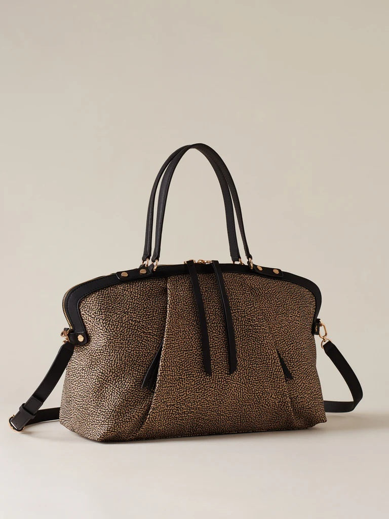 Medium Borbonese shopping bag with frame design, stylish women's accessory, black leather with structured silhouette.