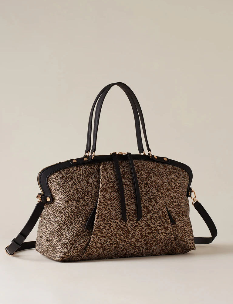 Medium Borbonese shopping bag with frame design, stylish women's accessory, black leather with structured silhouette.