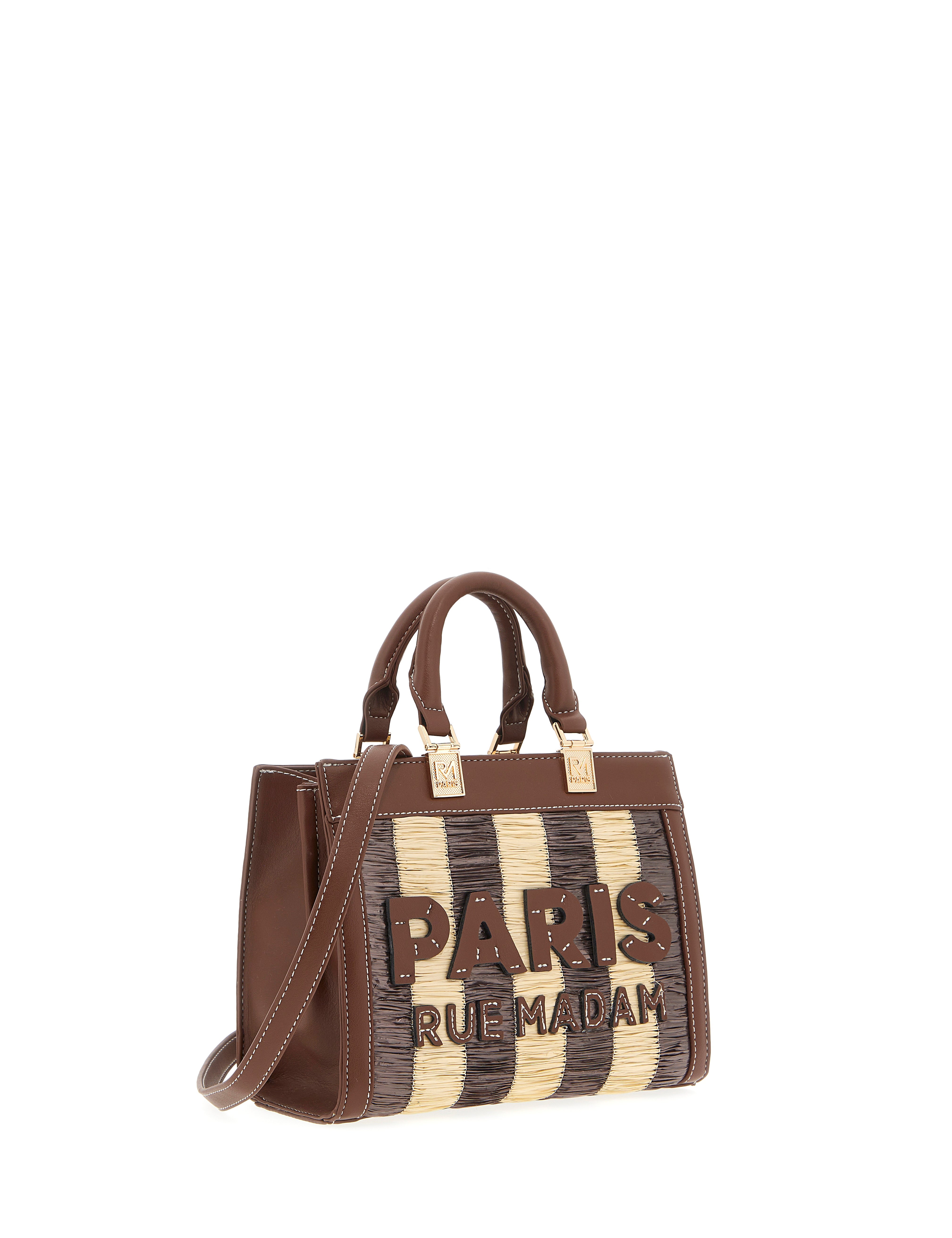 Mini tote bag in tan leather by Rue Madam, featuring sleek design and compact size, ideal for everyday use.