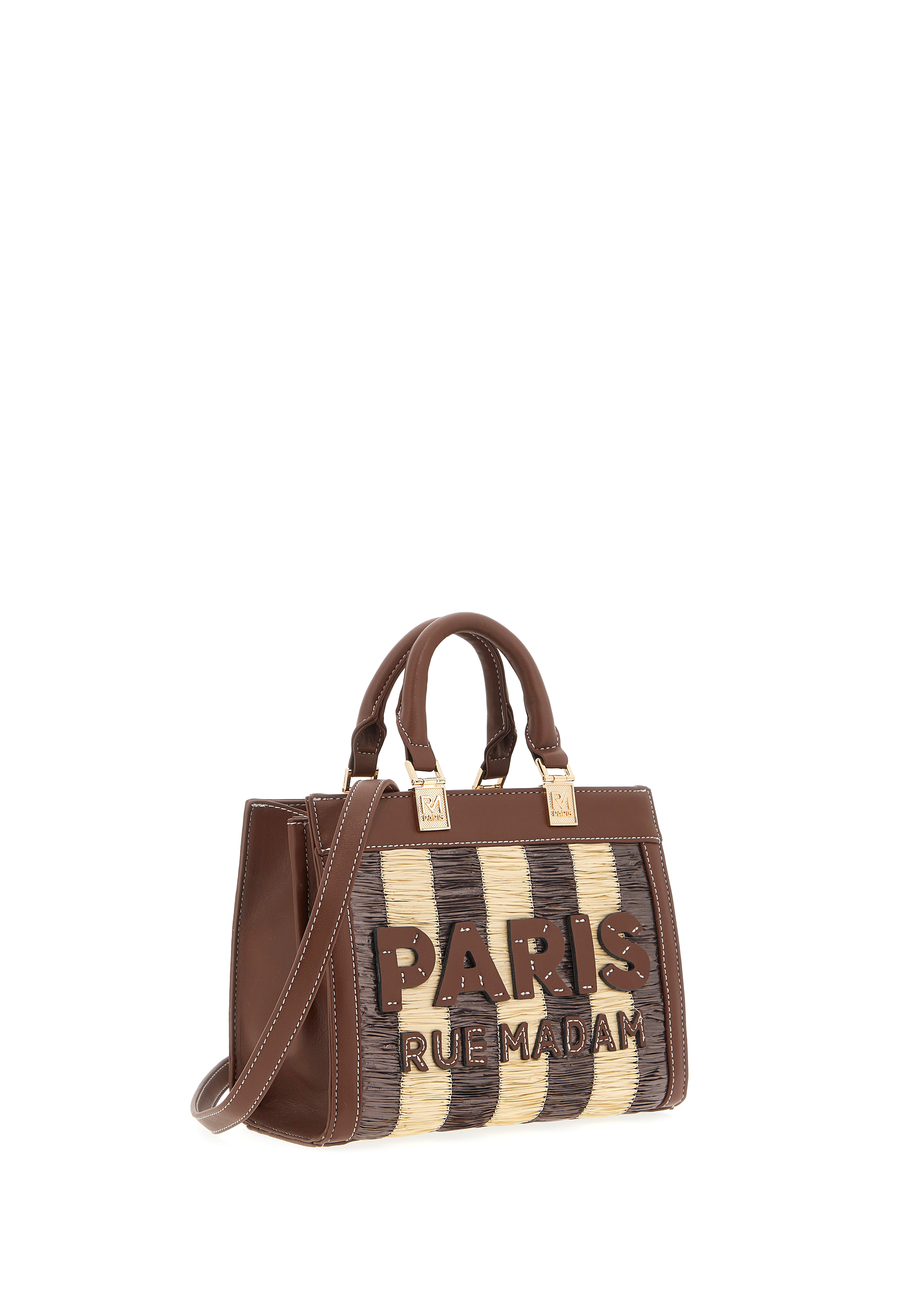 Mini tote bag in tan leather by Rue Madam, featuring sleek design and compact size, ideal for everyday use.