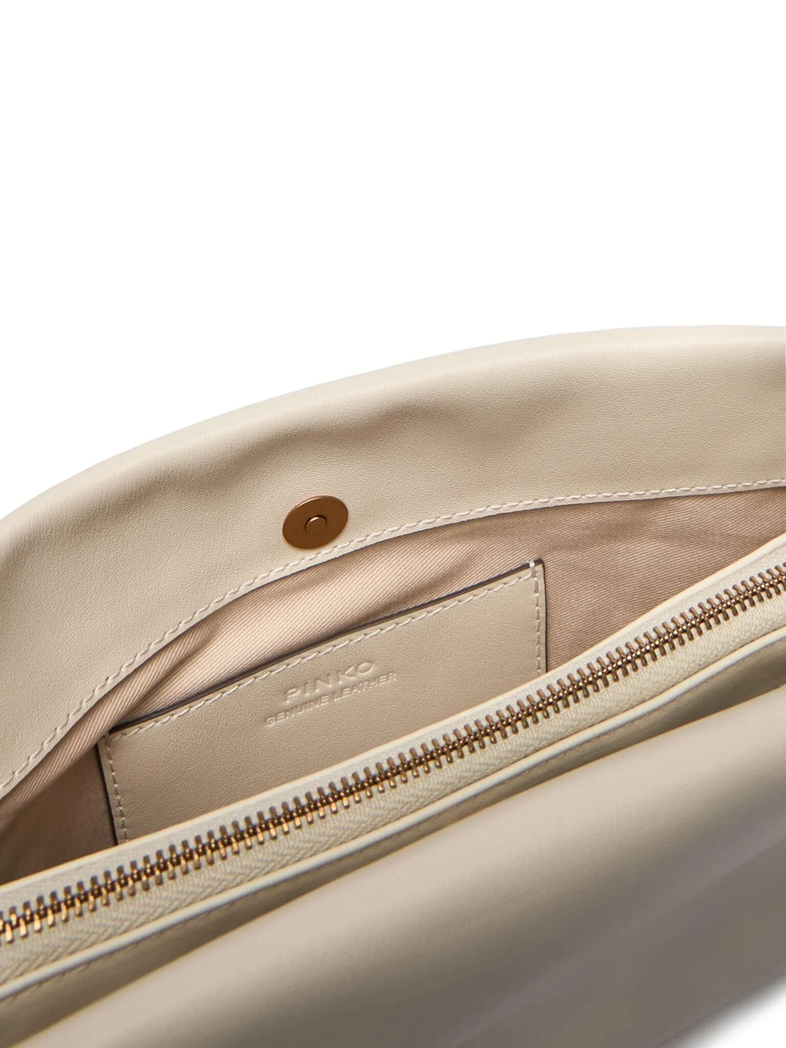 Mini Pinko Triplet bag in soft pink leather with a stylish chain strap and elegant design. Ideal for women's accessories.