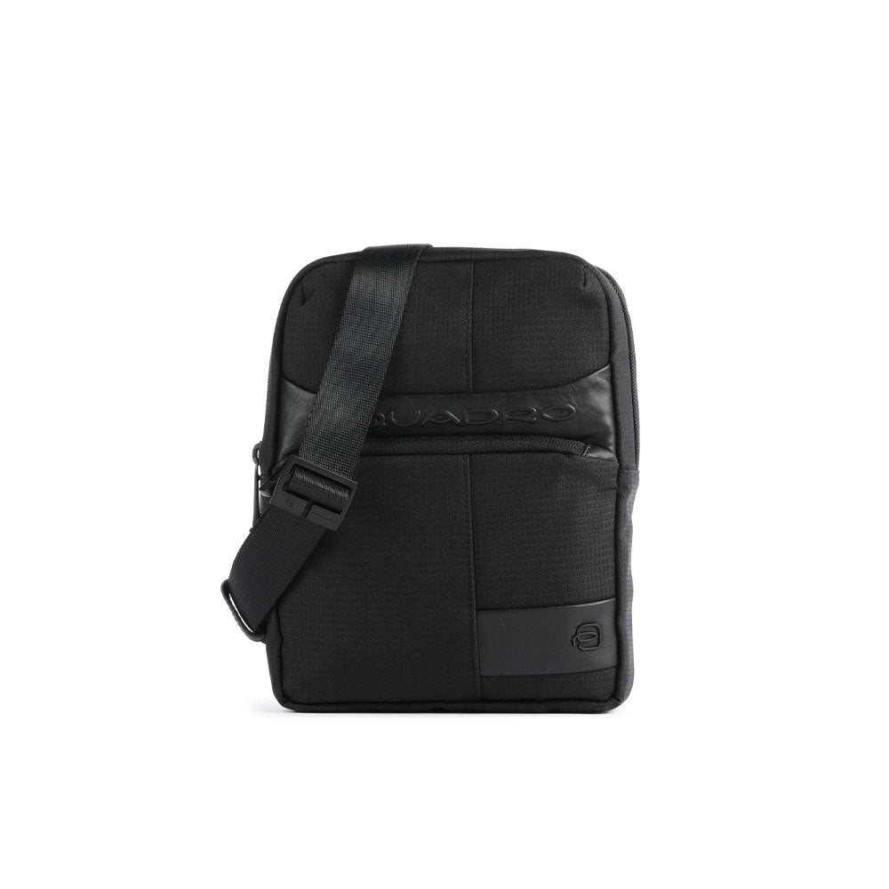 Piquadro men's iPad mini shoulder bag in black leather with adjustable strap, compact and stylish accessory for carrying electronics