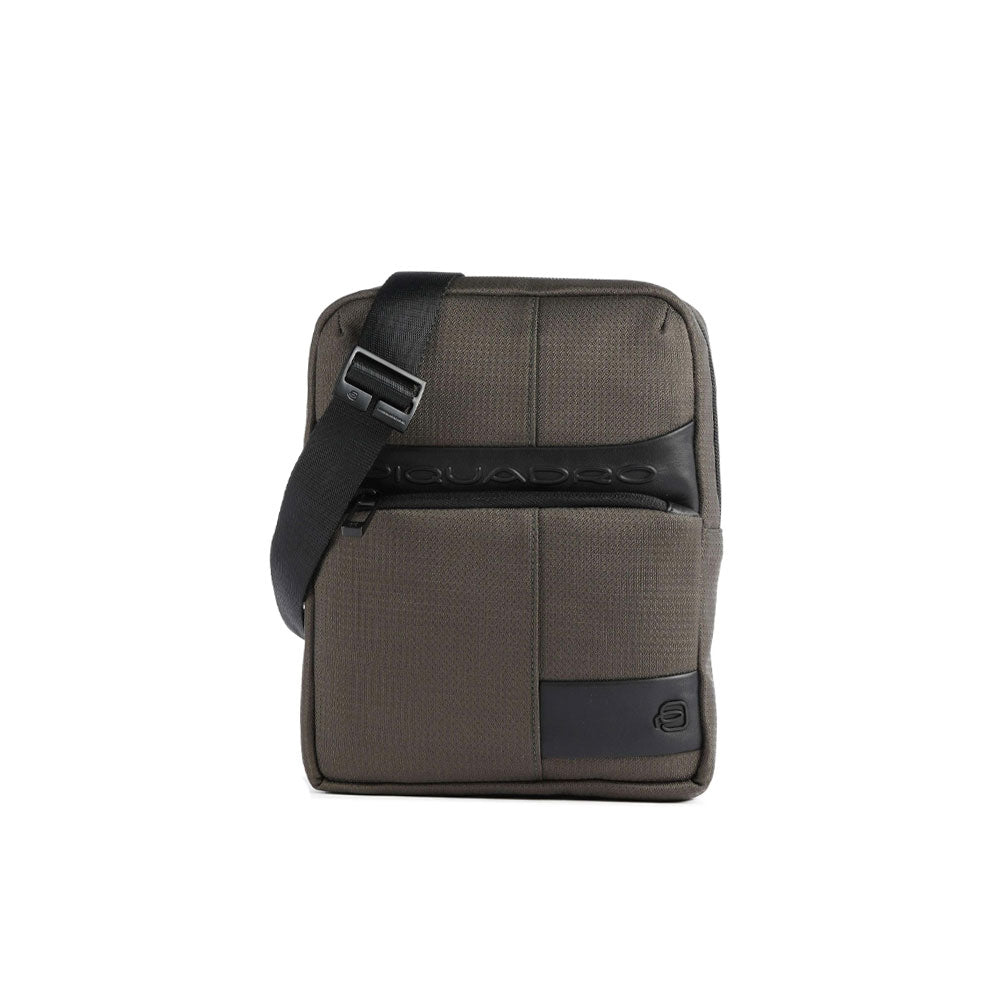 Piquadro men's iPad mini wallet in black leather with adjustable strap and compact design, suitable for carrying small essentials.