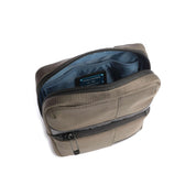Piquadro men's iPad mini shoulder bag in black leather with adjustable strap and compact design.