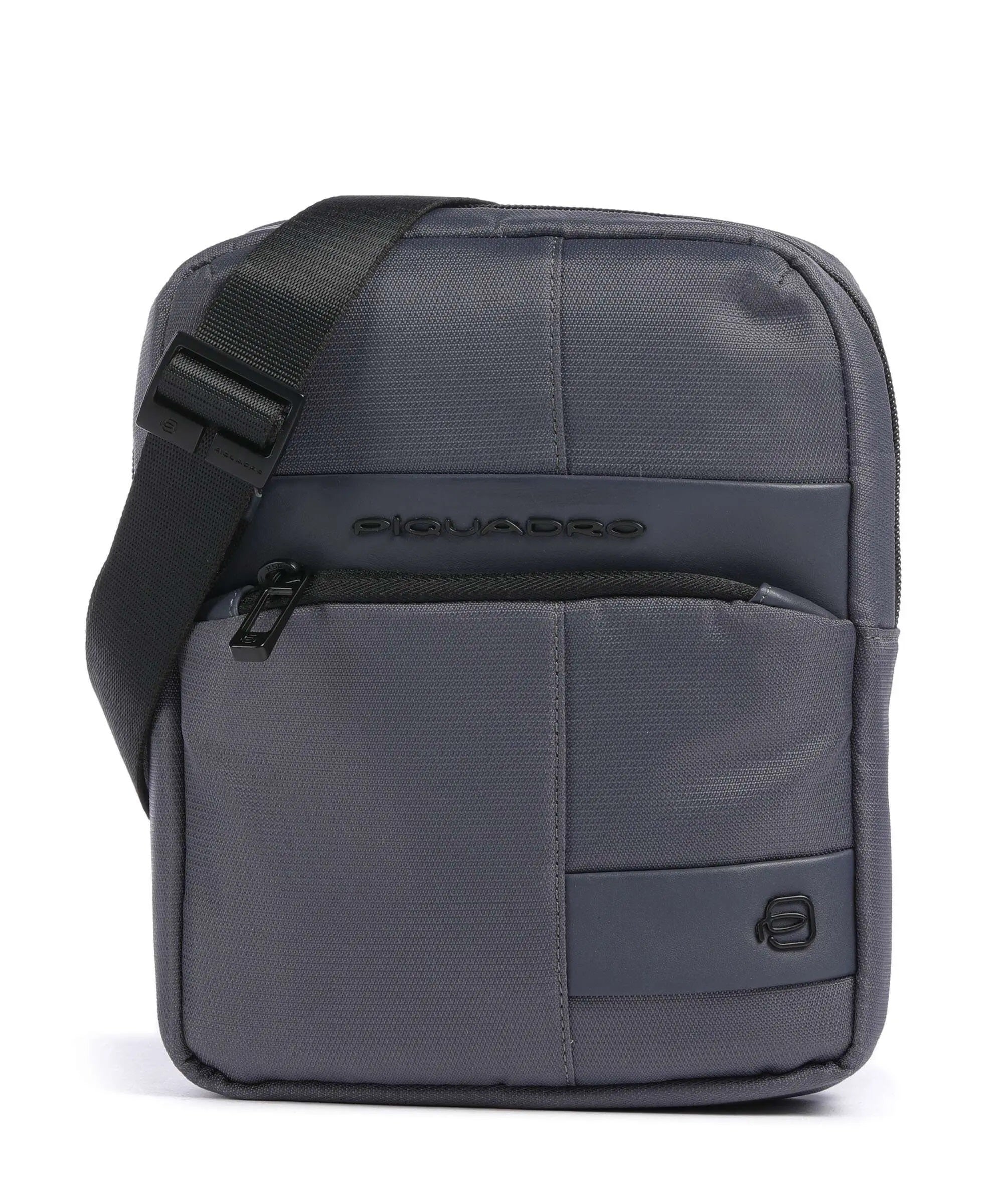 Piquadro men's iPad mini shoulder bag in black leather with adjustable strap and compact design.