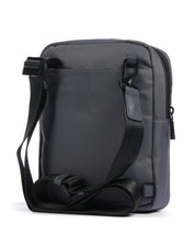Piquadro men's iPad mini shoulder bag in black leather, compact and stylish, with adjustable strap and multiple compartments.