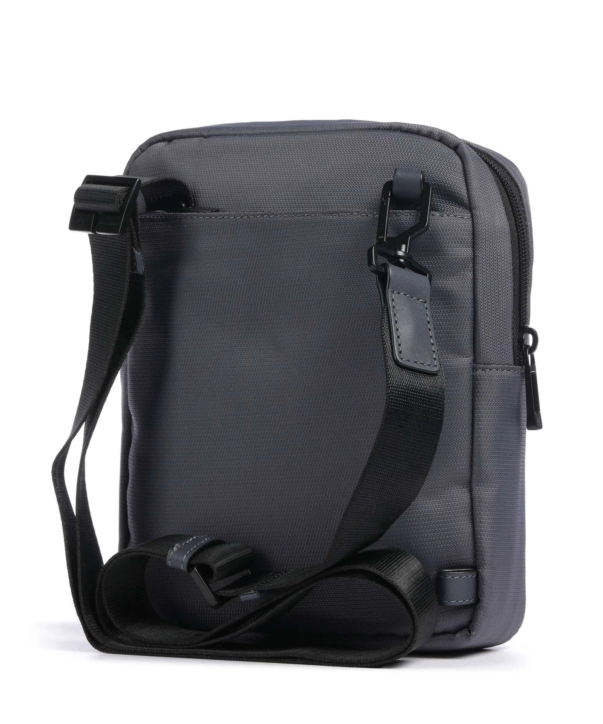 Piquadro men's iPad mini shoulder bag in black leather, compact and stylish, with adjustable strap and multiple compartments.