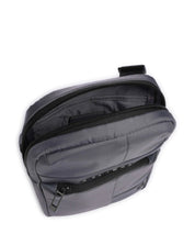 Piquadro men's iPad mini shoulder bag in black leather, compact borsello with adjustable strap and multiple compartments.