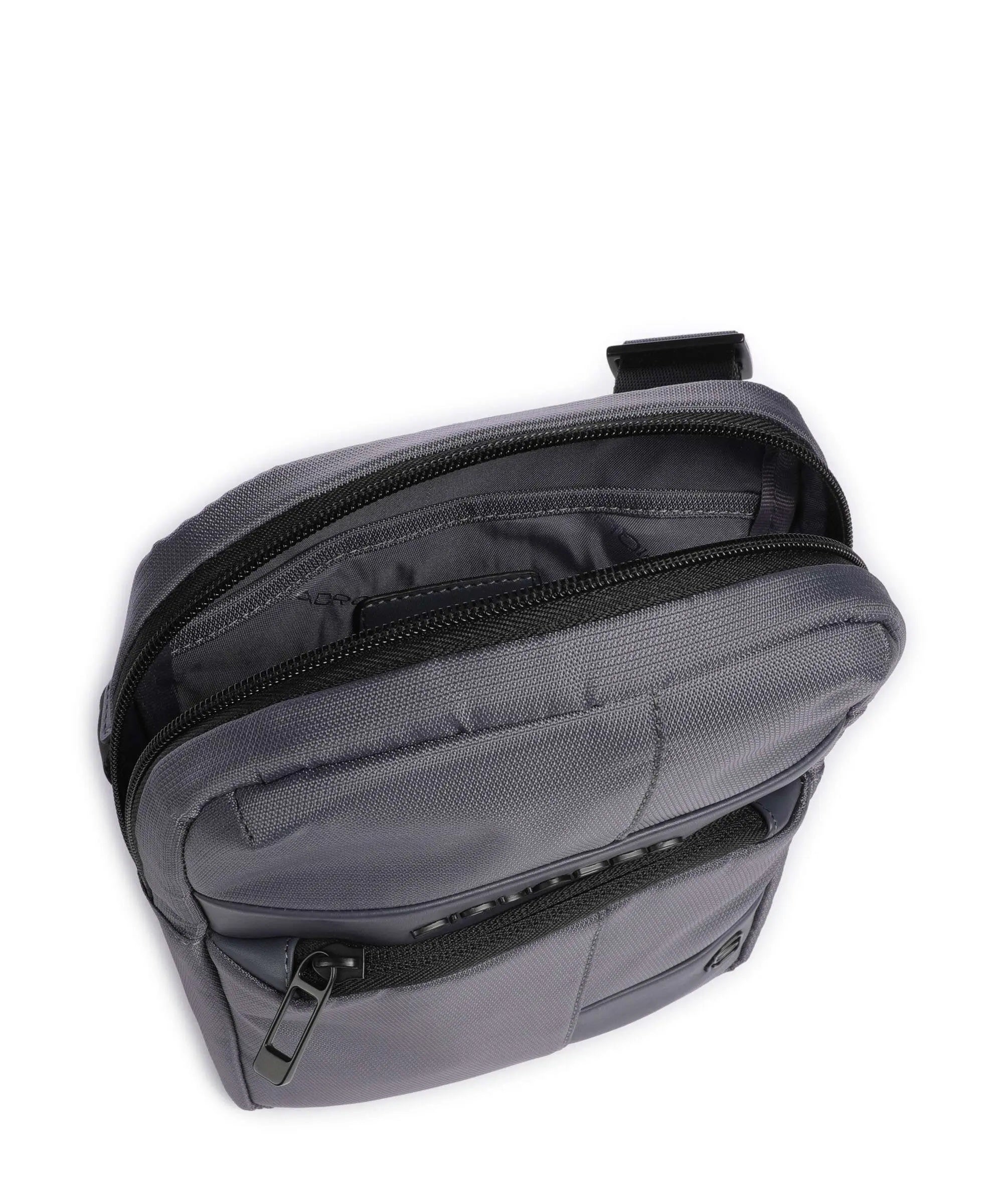Piquadro men's iPad mini shoulder bag in black leather, compact borsello with adjustable strap and multiple compartments.