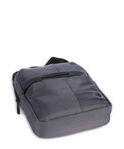 Piquadro men's iPad mini shoulder bag in black leather with adjustable strap and compact design.