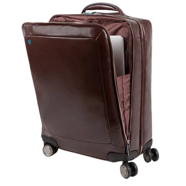 Blue Piquadro cabin trolley with square design, unisex travel luggage for carry-on and hand luggage.