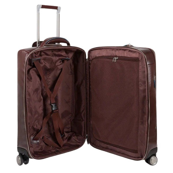Blue Piquadro cabin trolley with square design, unisex carry-on luggage for travel, durable and lightweight for easy handling.