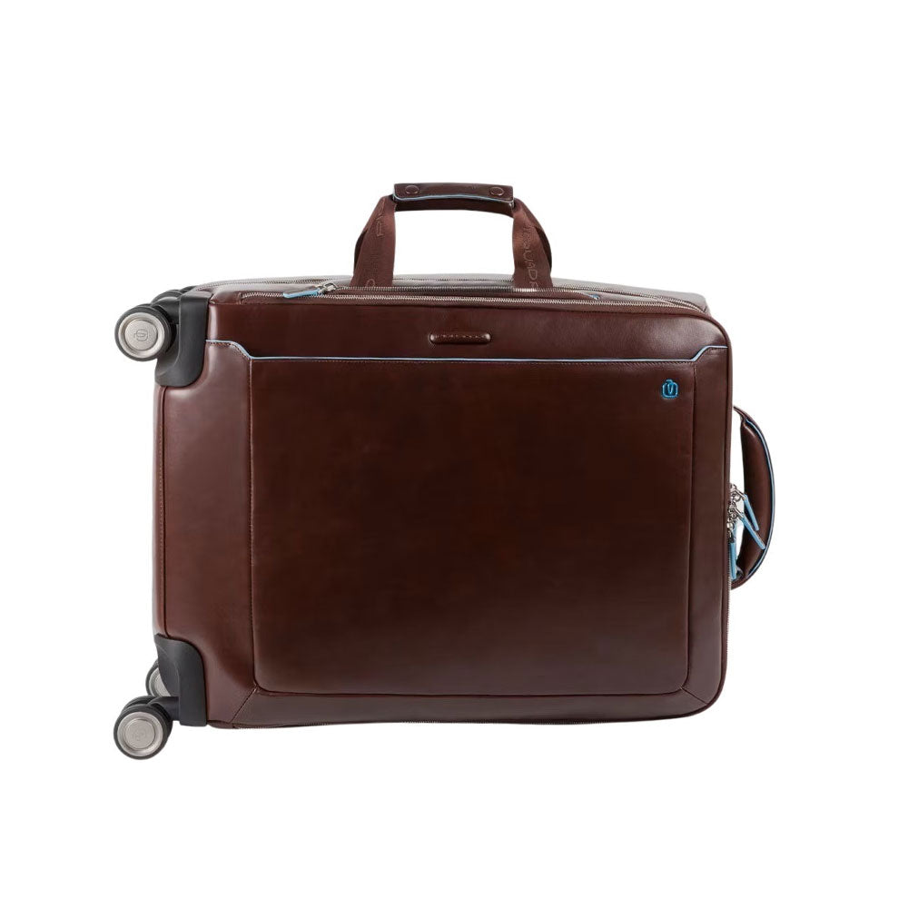 Blue square cabin trolley by Piquadro with sturdy handle, wheeled design, and compact size for travel and carry-on luggage.