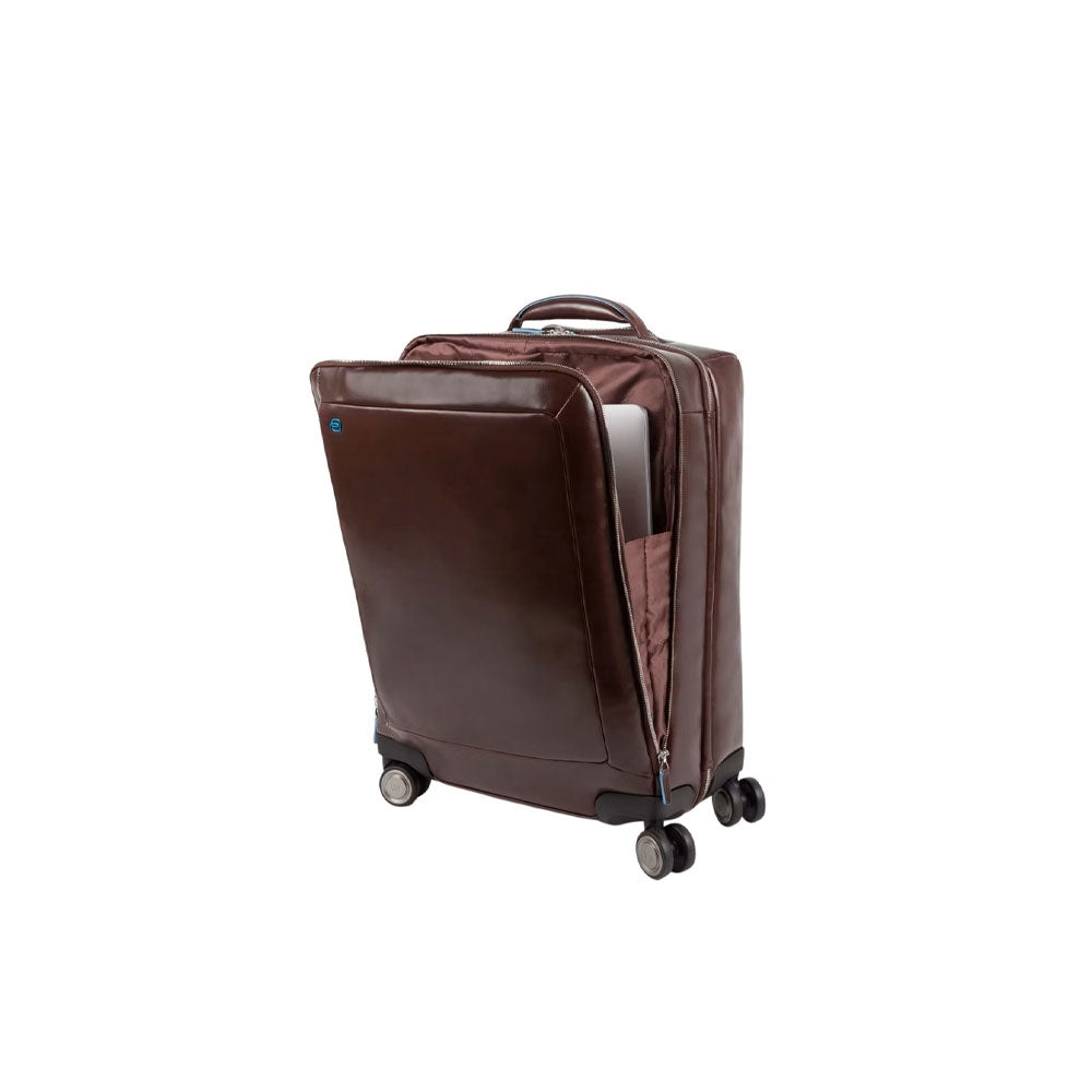 Blue Piquadro Cabin Trolley with square design, unisex travel bag with wheels and handle for carry-on luggage.