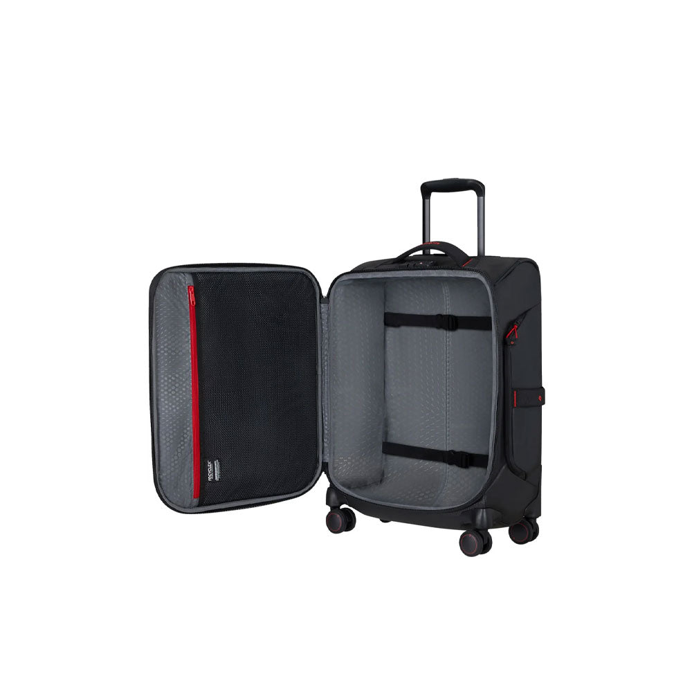 Unisex cabin trolley bag by Samsonite with eco-friendly design, compact size, and sturdy wheels for travel convenience.