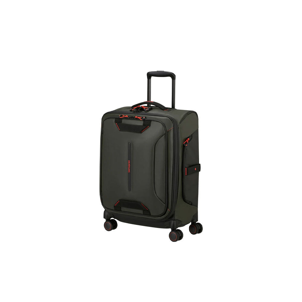 Unisex cabin trolley bag by Samsonite with eco-friendly design, featuring durable wheels and a sleek black exterior for travel.