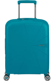 Expandable American Tourister Starvibe cabin trolley suitcase with four wheels and a retractable handle for travel.