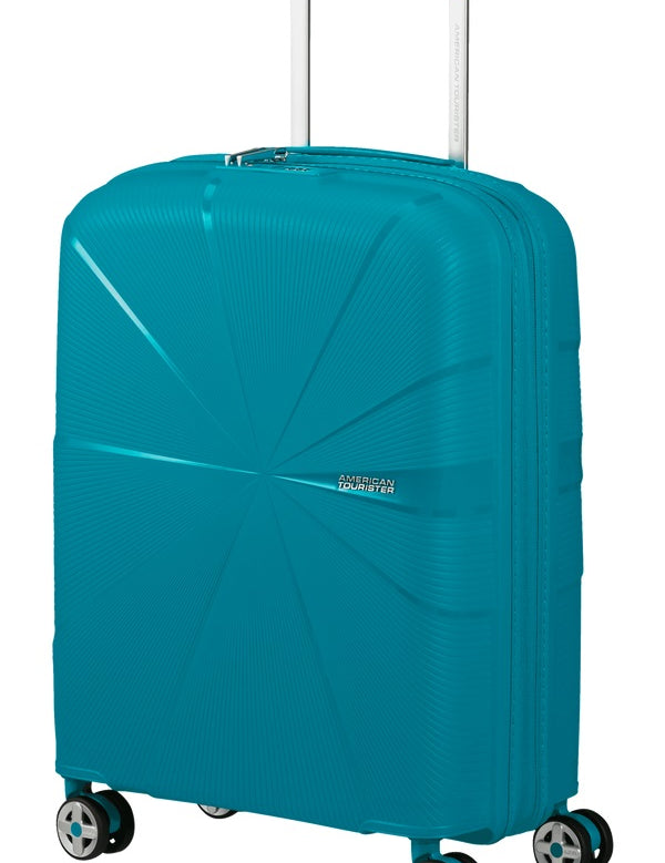 American Tourister Starvibe expandable cabin trolley for travel, with a sleek design and sturdy wheels for easy maneuvering.