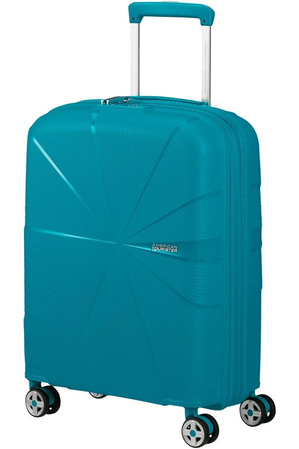 American Tourister Starvibe expandable cabin trolley for travel, with a sleek design and sturdy wheels for easy maneuvering.