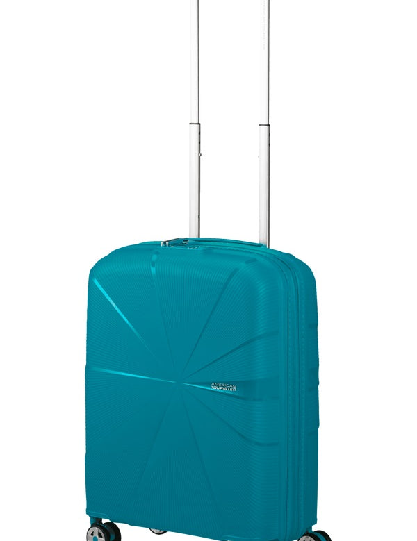 Expandable American Tourister Cabin Trolley in Starvibe design, featuring durable wheels and a sleek, modern travel appearance.