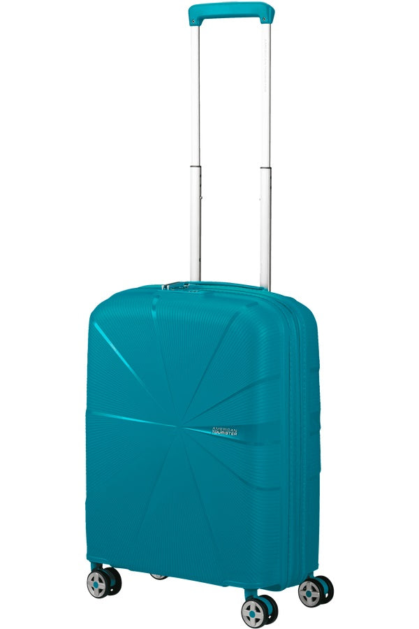Expandable American Tourister Cabin Trolley in Starvibe design, featuring durable wheels and a sleek, modern travel appearance.