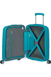 Expandable American Tourister Starvibe cabin trolley for travel, with multiple compartments and durable wheels.