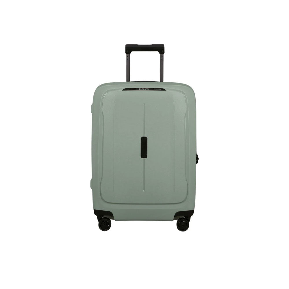 Unisex cabin trolley bag by Samsonite with hard shell design, compact size, and four wheels for easy travel.