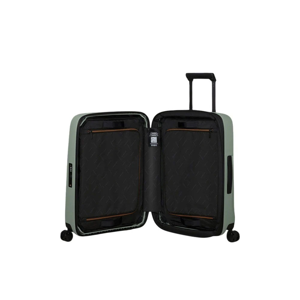 Samsonite Cabin Trolley Exp Essens unisex travel bag with hard shell, black color, compact size, and sturdy wheels for easy transport.