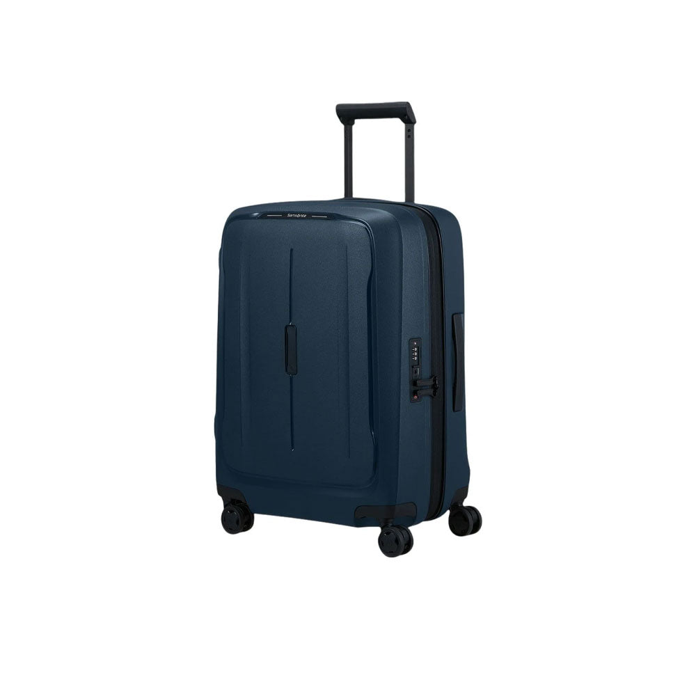 Unisex cabin trolley bag by Samsonite with a hard shell, black color, compact design, and four wheels for easy travel.