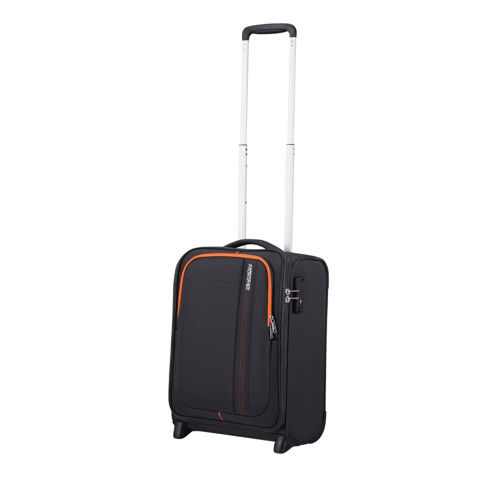 Unisex cabin trolley bag from American Tourister Sea Seeker collection with durable wheels and sleek navy design.