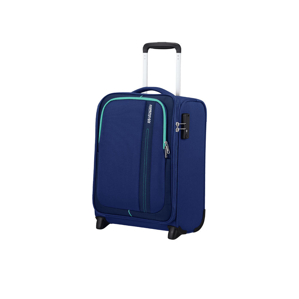 Unisex Cabin Trolley Sea Seeker by American Tourister with durable hard shell, four spinner wheels, and telescopic handle.