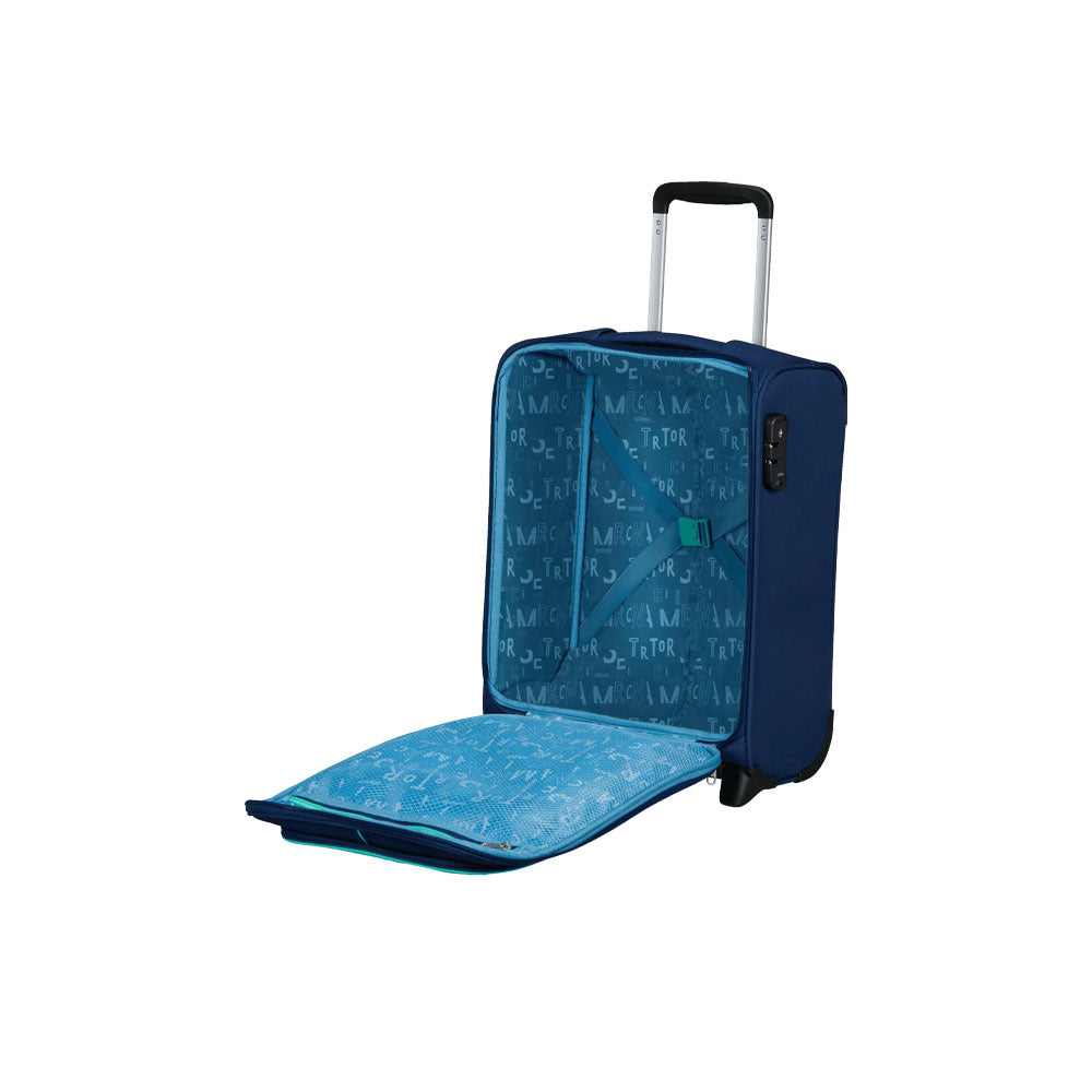 Unisex cabin trolley Sea Seeker by American Tourister with durable hard shell, retractable handle, and four spinner wheels for easy travel.