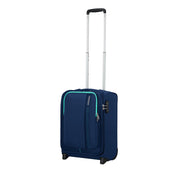 Unisex cabin trolley Sea Seeker by American Tourister with durable hard shell, retractable handle, and four spinner wheels for travel.