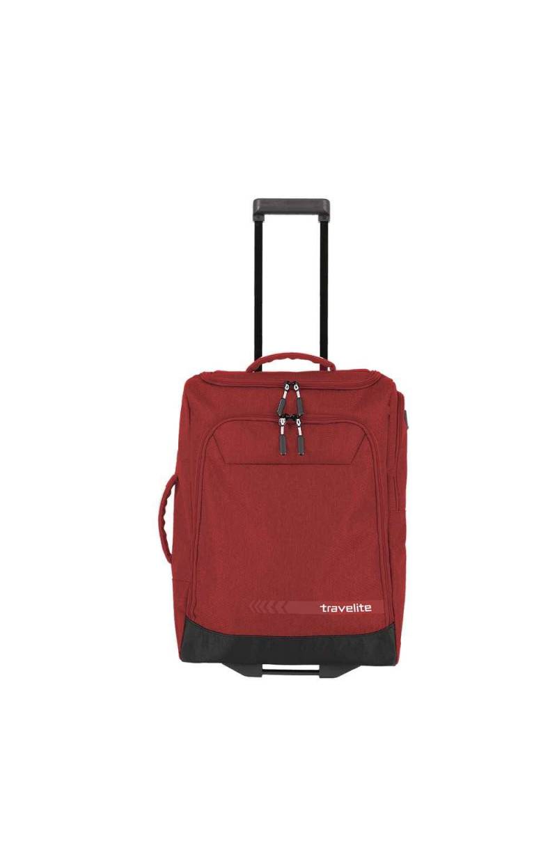 Small Travelite cabin trolley with four wheels, compact design, black exterior, suitable for carry-on travel and easy maneuvering.