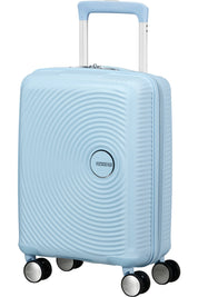 Unisex cabin trolley American Tourister Soundbox Mini with textured black hard shell and extended handle for travel.