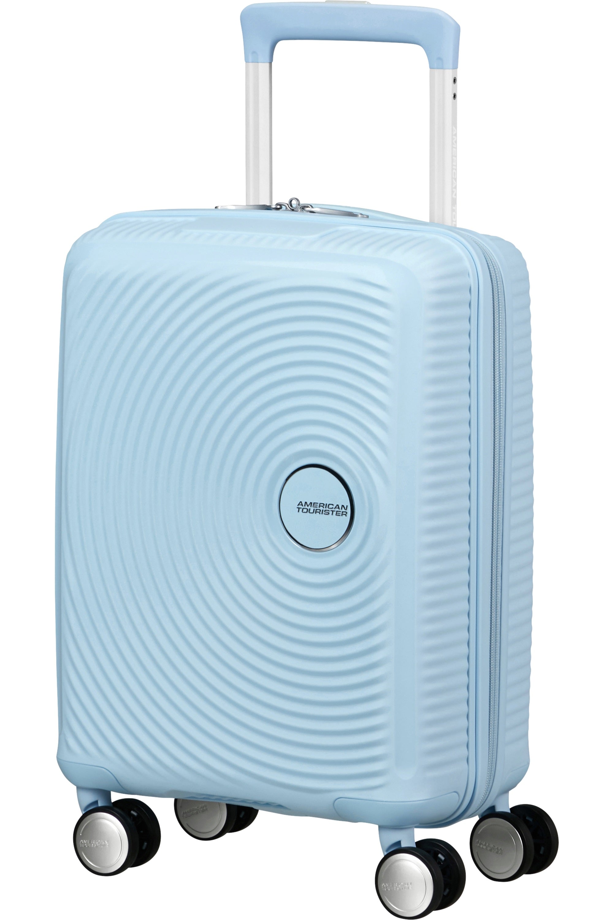 Unisex cabin trolley American Tourister Soundbox Mini with textured black hard shell and extended handle for travel.