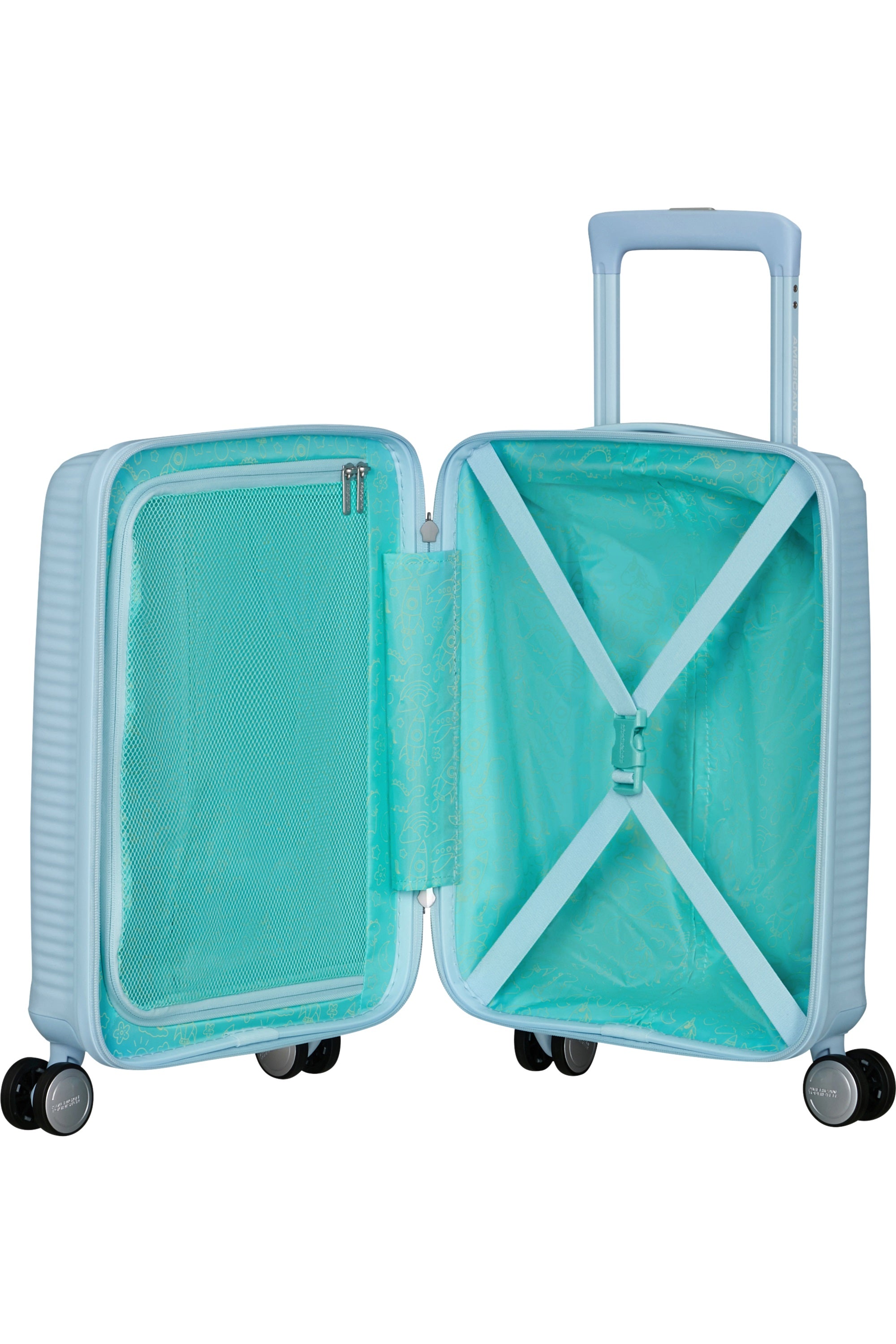 Mini American Tourister Cabin Trolley Soundbox portable travel luggage with durable wheels and compact design for easy carrying.