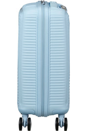 American Tourister Cabin Trolley Soundbox Mini, compact travel luggage with sturdy wheels and ergonomic handle for easy carry.