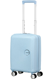 Mini American Tourister Cabin Trolley Soundbox with durable hard shell, compact design, and four spinner wheels for easy travel.