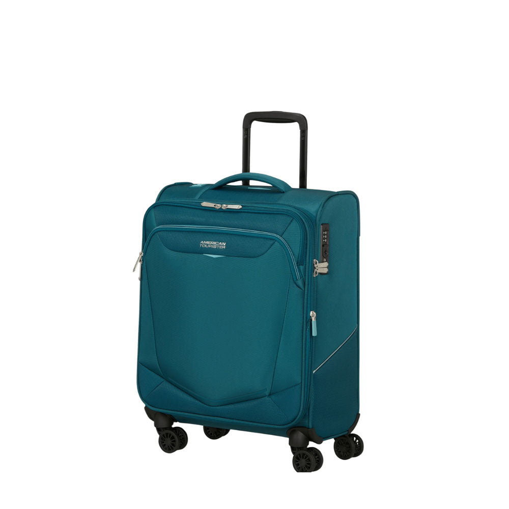 American Tourister Cabin Trolley Summer Spinner expandable travel bag with four wheels, in vibrant colors for unisex cabin luggage.