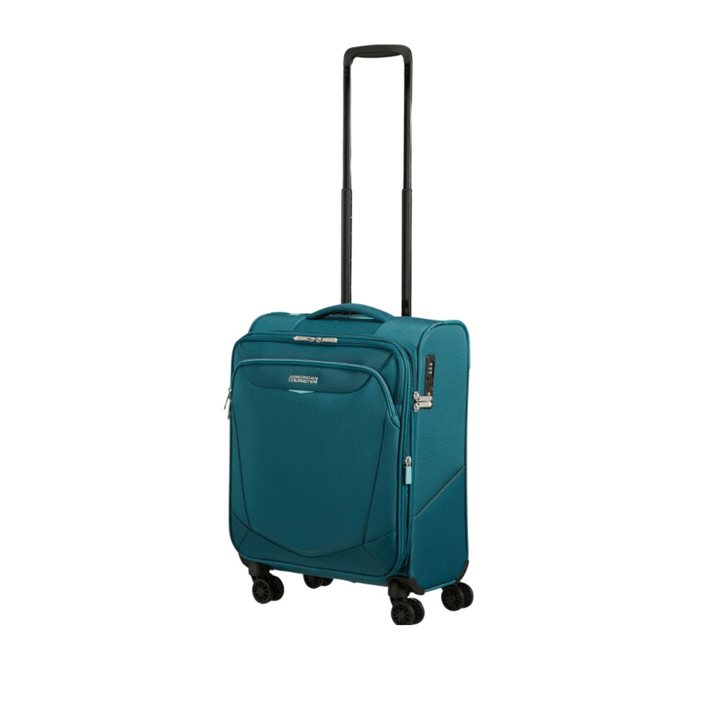 American Tourister Cabin Trolley Summer Spinner expandable unisex travel luggage with four spinner wheels and a durable design.