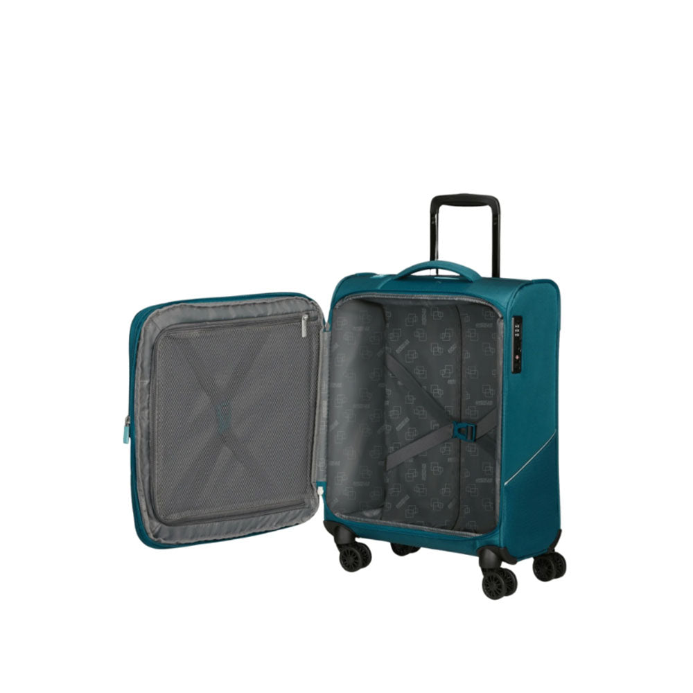 Unisex cabin trolley American Tourister Summer Spinner expandable luggage with four wheels and handle, suitable for travel.