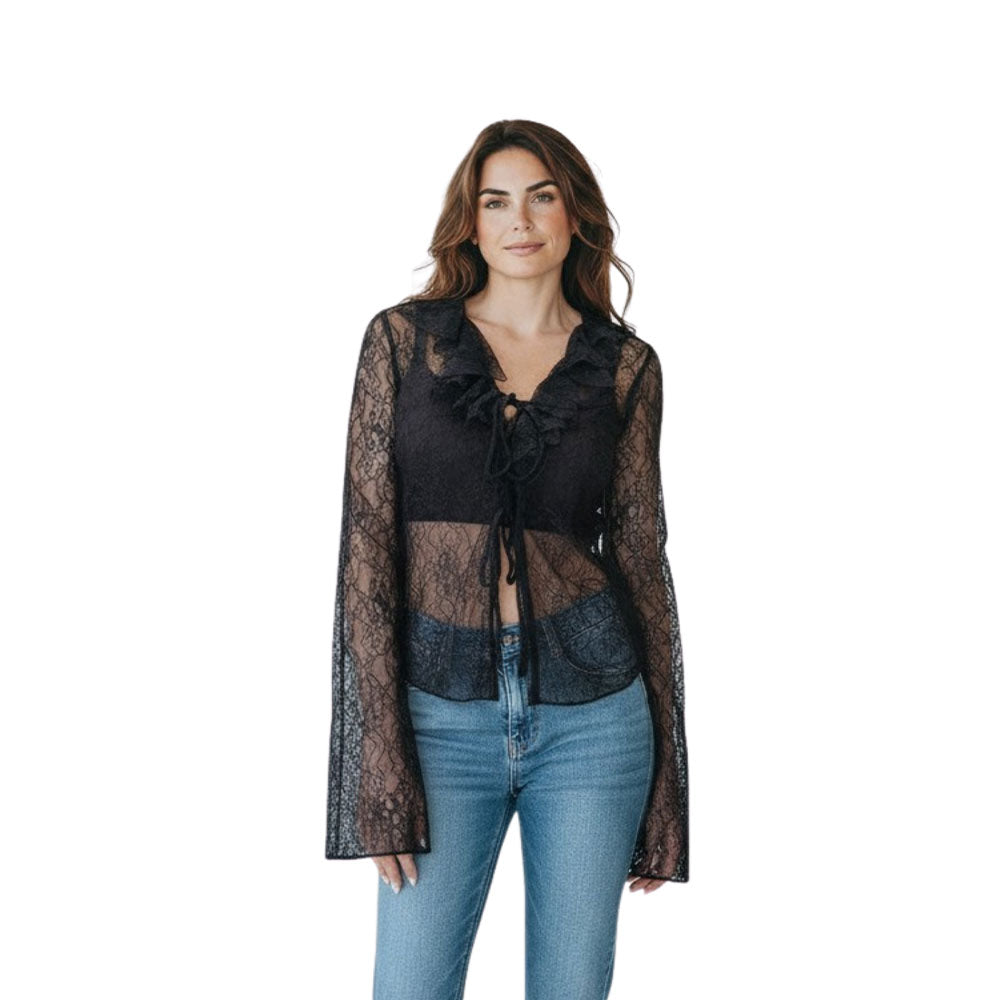 White lace Vicolo women's blouse with intricate floral lace pattern and long sleeves, stylish and elegant for everyday wear.