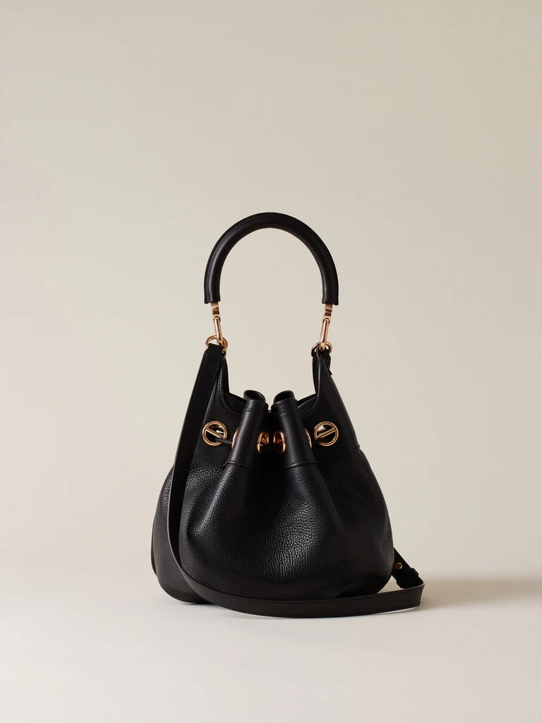 Mini Bucket Borbonese handbag with top handle, structured design, and signature logo details.