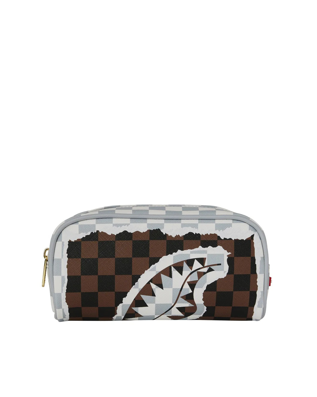 Cream and brown tear check pouch by Sprayground for children, featuring a stylish accessory with checkered pattern and zipper closure.